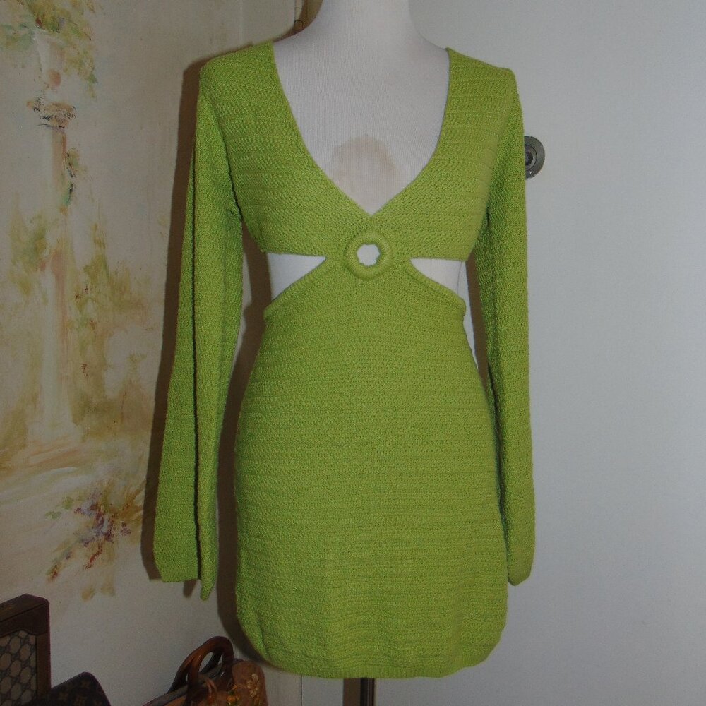 Forever 21 Lime Green Knit Mini Dress Cutout Cable Long Sleeve Medium Womens M